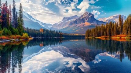 Obraz premium Tranquil Mountain Lake with Colorful Peak Reflections in Nature