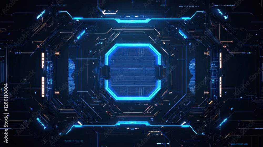 Poster futuristic digital interface with neon lights and circuit patterns in a high-tech sci-fi environment
