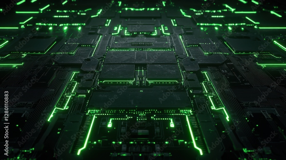 Poster futuristic abstract background with glowing green circuit board patterns and digital technology elem
