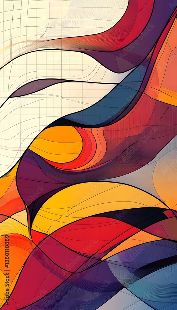 Poster colorful flowing abstract art with swirling shapes and patterns is shown