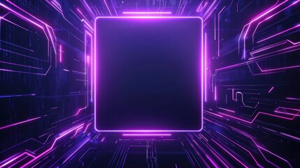 Futuristic Neon Technology Background with Glowing Lines and Square Frame for Digital Art, Presentations, or Innovative Designs