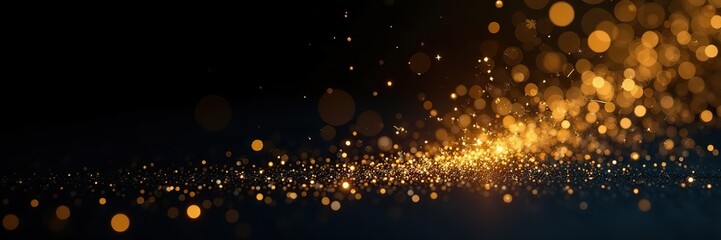 Sparkly glitter dust scattered on black background with smooth yellow to black gradient, shine,