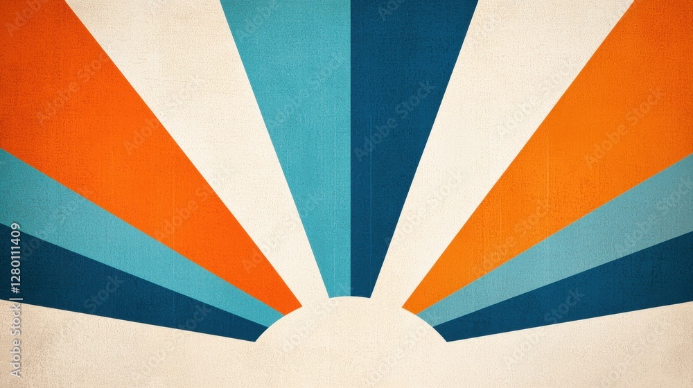 Poster vibrant geometric background with radiating colorful lines in orange, blue, and teal creating a retr
