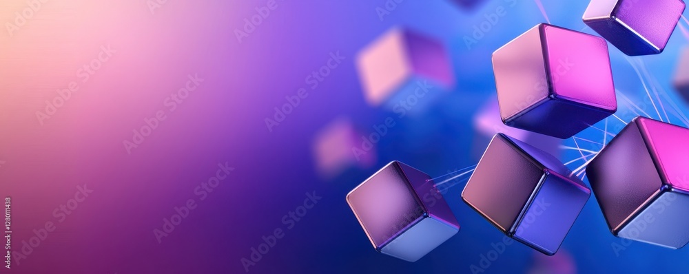 Poster a vibrant digital background featuring floating, illuminated cubes in shades of purple and pink, cre