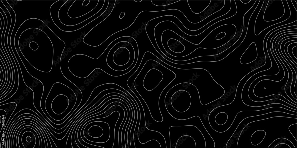 Poster abstract white on black background with topographic line map pattern. abstract wavy and curved lines