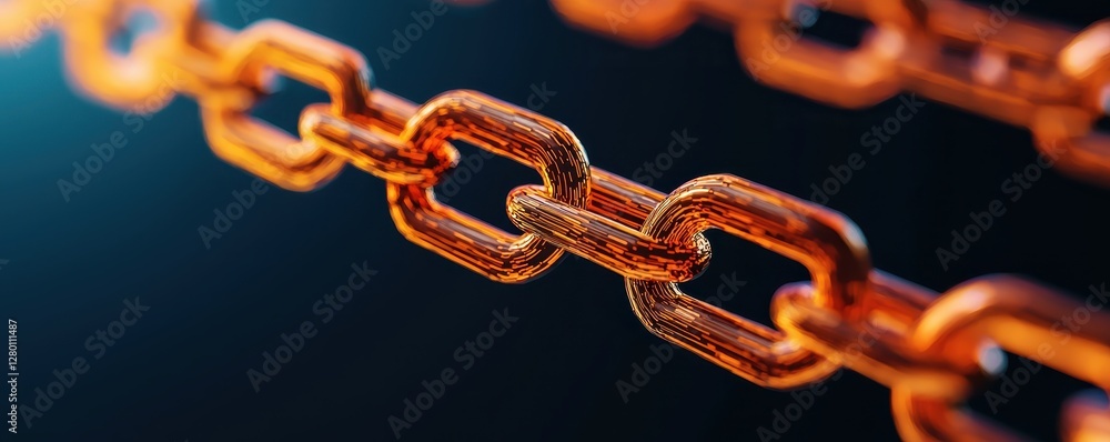 Poster a close-up of a shiny, rust-colored metal chain link against a dark background, showcasing its intri