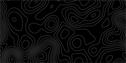 Abstract white on black background with Topographic line map pattern. abstract wavy and curved lines background. linear map. Dark seamless design. Bold tile able isolines pattern. Vector illustration.