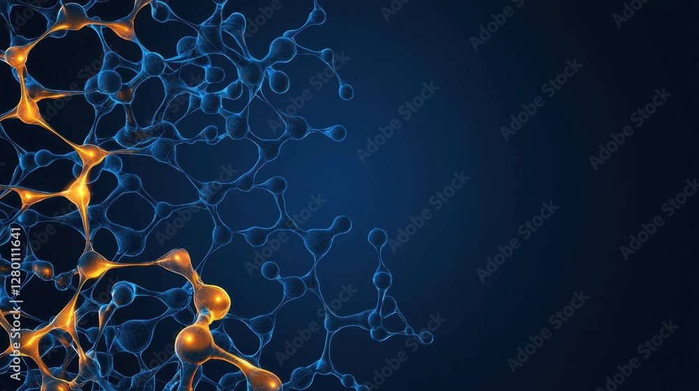 Poster A vivid network of interconnected blue and orange molecules against a dark backdrop, illustrating the complexity of molecular structures.