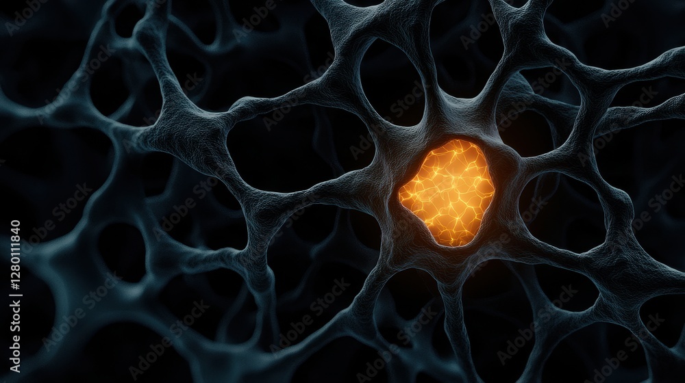 Aufkleber A close-up view of intricate neural network structures with a glowing orange element at the center, emphasizing cellular connections.