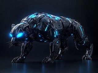 The metallic panther robot is walking towards the viewer slowly