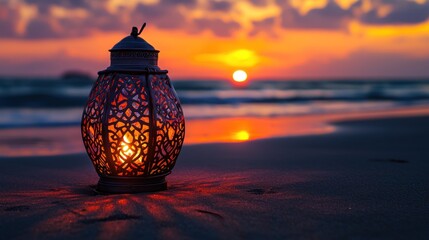 Glowing lantern on beach at sunset.