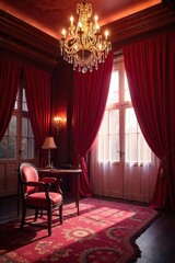Velvet curtains draped over chandeliers, soft light pours in, casino, velvet, chandeliers