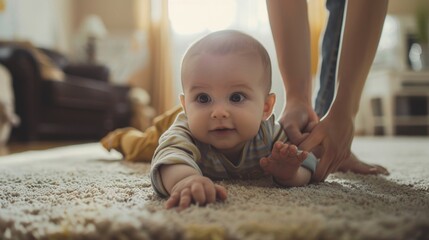 Baby on the floor gazes at an adult's hand with curiosity