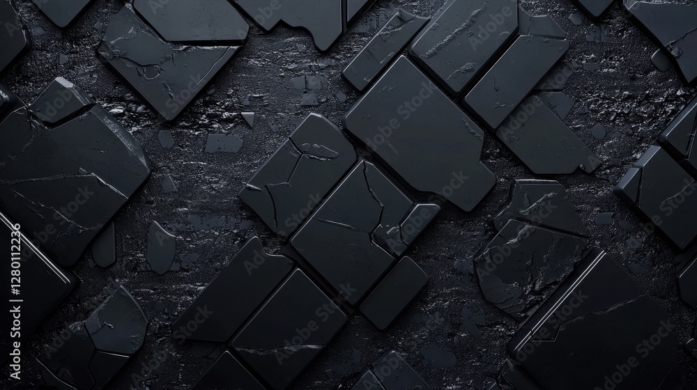 Poster dark and mysterious abstract background of shattered black stones arranged over a grungy surface wit