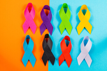 Colorful awareness ribbons representing various health campaigns and causes