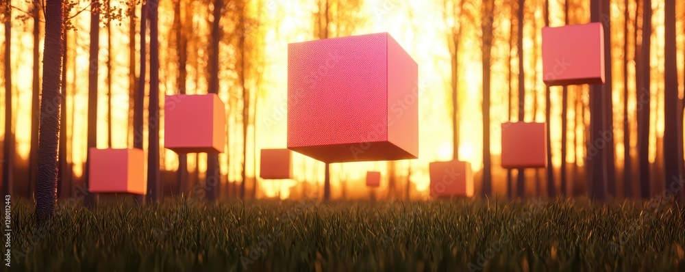 Aufkleber a surreal scene of floating pink cubes in a forest at sunset, creating a dreamlike atmosphere with v