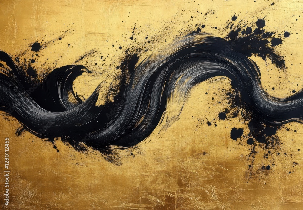 Poster abstract artistic representation of a flowing black brushstroke creating a dynamic pattern against a