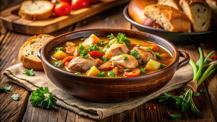 Savory chicken vegetable stew, perfectly photographed with dreamy bokeh, served with crusty bread.