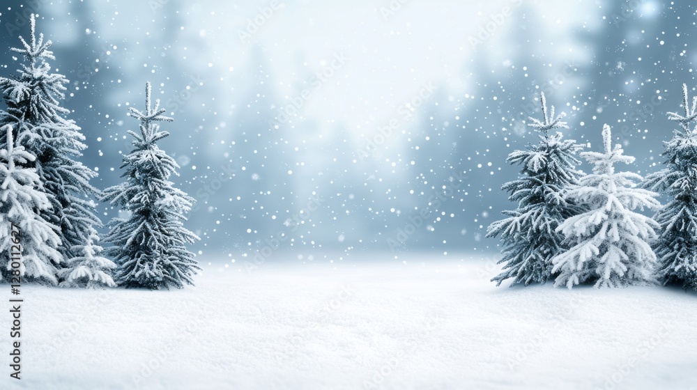 Poster serene winter landscape with snow-covered fir trees and soft falling snowflakes creating a tranquil 