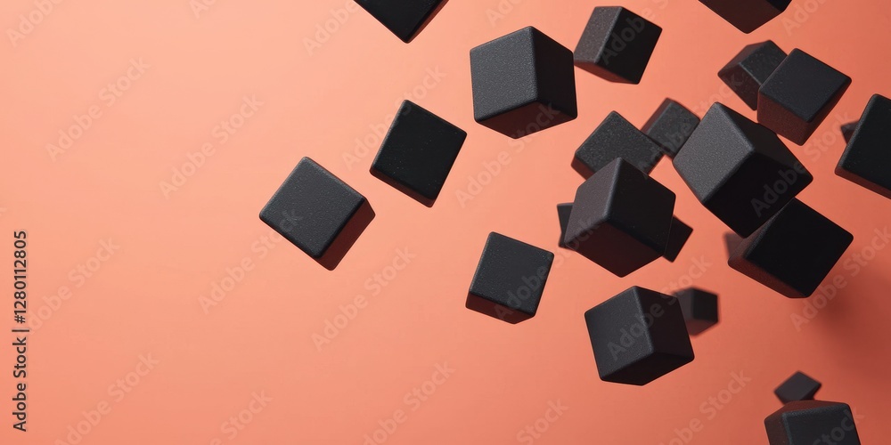 Poster A collection of black cubes floating against a warm, peach-colored background, creating a modern and abstract visual effect.