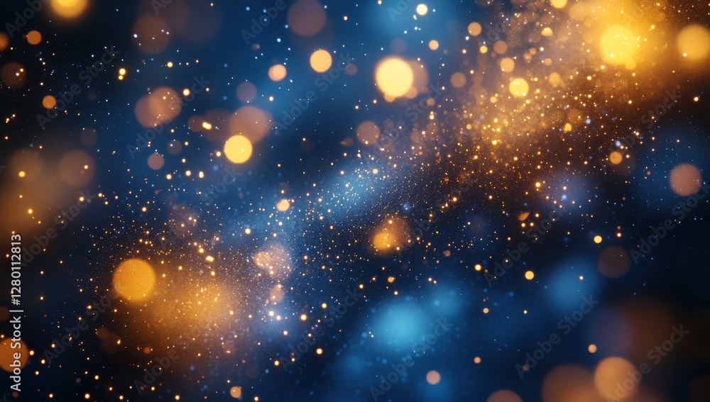 Poster abstract background of shimmering particles in blue and gold colors creating a dreamy and enchanting
