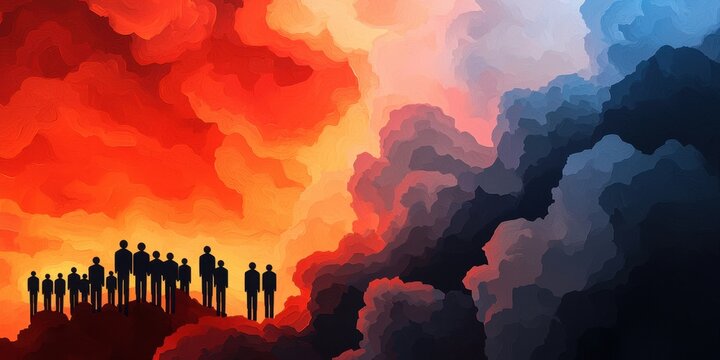 A group of silhouetted figures stands against a vibrant sky filled with dramatic red and blue clouds, evoking a sense of unity and contemplation.