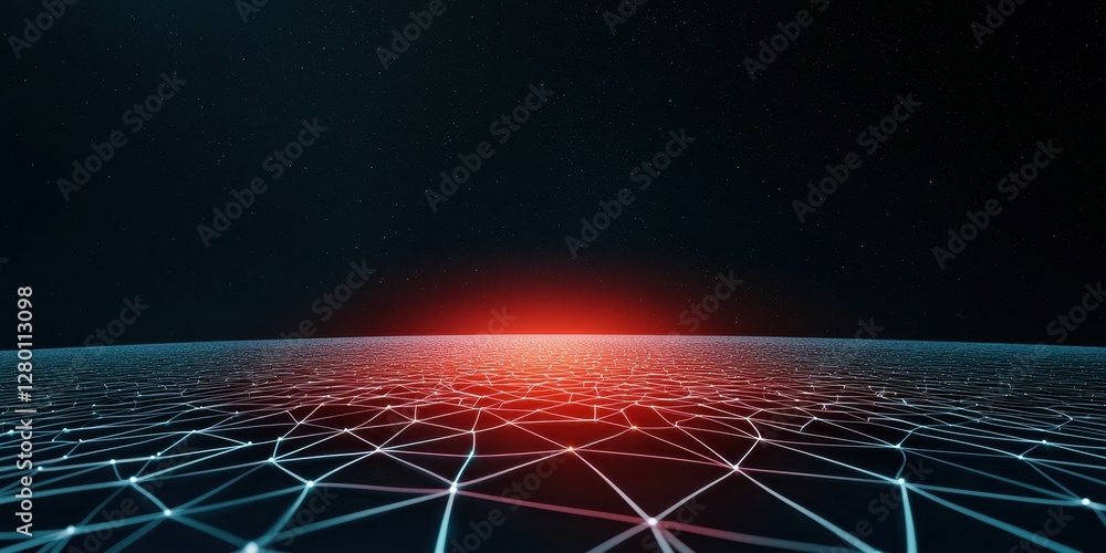 Poster A digital landscape featuring a network of glowing lines converging towards a red light on a dark background, creating a futuristic atmosphere.