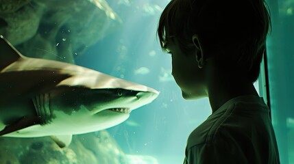 Fototapeta premium A boy curiously watches a shark in an aquarium setting.