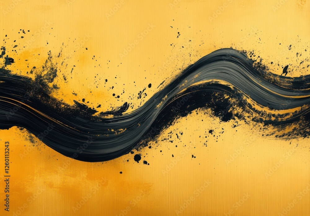 Poster abstract black brushstroke on a vibrant golden background showcasing dynamic movement and artistic e