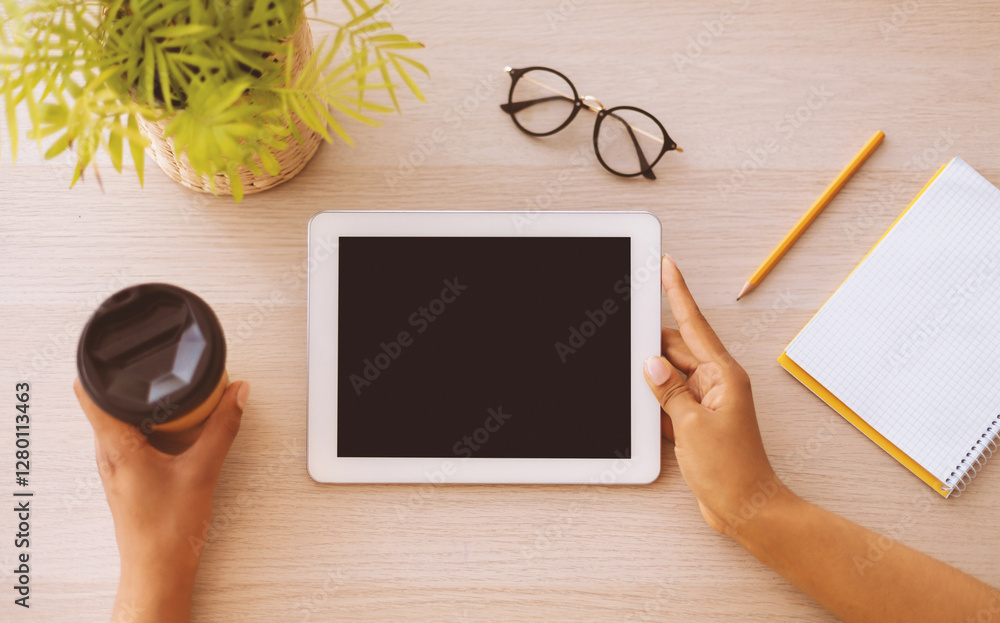 Poster modern technology concept. top above high angle view of african american woman using digital tablet 