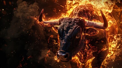 A bull emerging from digital flames representing market growth dynamics
