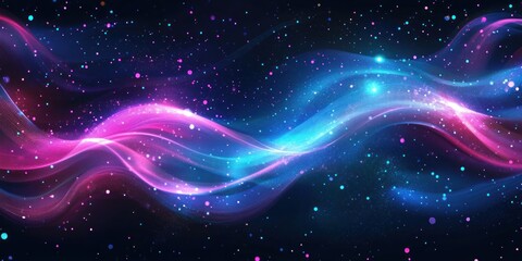 Fototapeta premium Abstract cosmic wave with pink and blue neon glow, glittering particles on dark background.