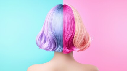 Split-Dyed Hair in Pastel Colors Showcasing a Unique Blend of Pink and Purple against a Soft Blue and Pink Background