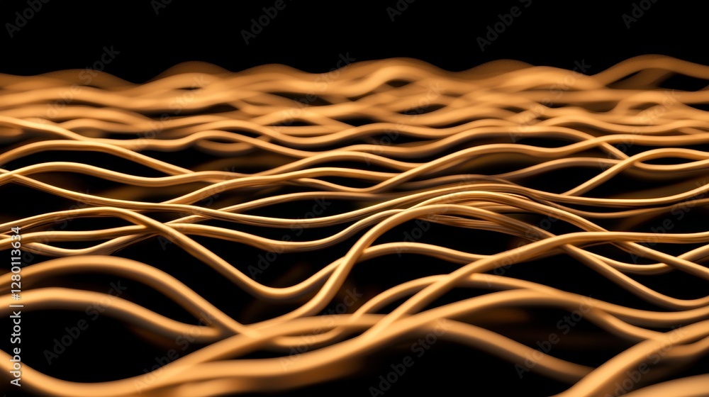 Poster A close-up view of flowing, golden strands resembling waves, set against a dark background, creating a dynamic, abstract visual effect.