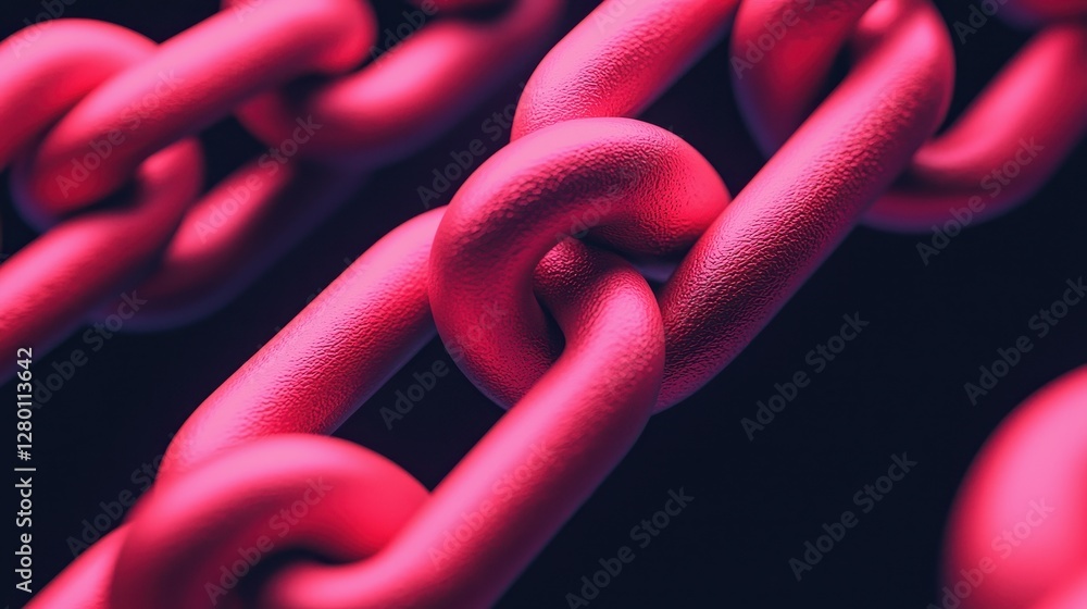 Poster a close-up of vibrant pink chains against a dark background, showcasing the texture and interlinked 