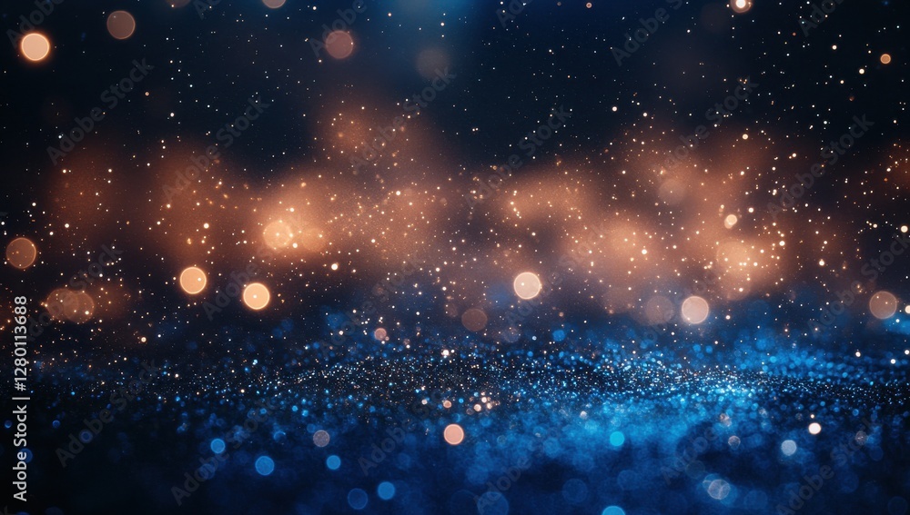 Poster abstract bokeh background with shimmering particles and soft glowing lights in blue and orange hues 
