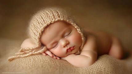 Newborn baby, only a couple of hours old, sleeping peacefully in side profile with soft window light from the left, against a bokeh background.