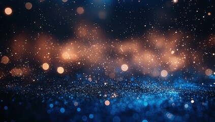 Fototapeta premium Abstract bokeh background with shimmering particles and soft glowing lights in blue and orange hues creating a magical and festive atmosphere