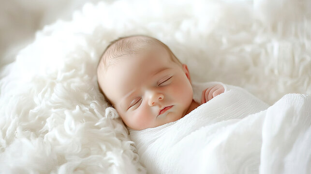 Newborn baby, only a couple of hours old, sleeping peacefully in side profile with soft window light from the left, against a bokeh background.