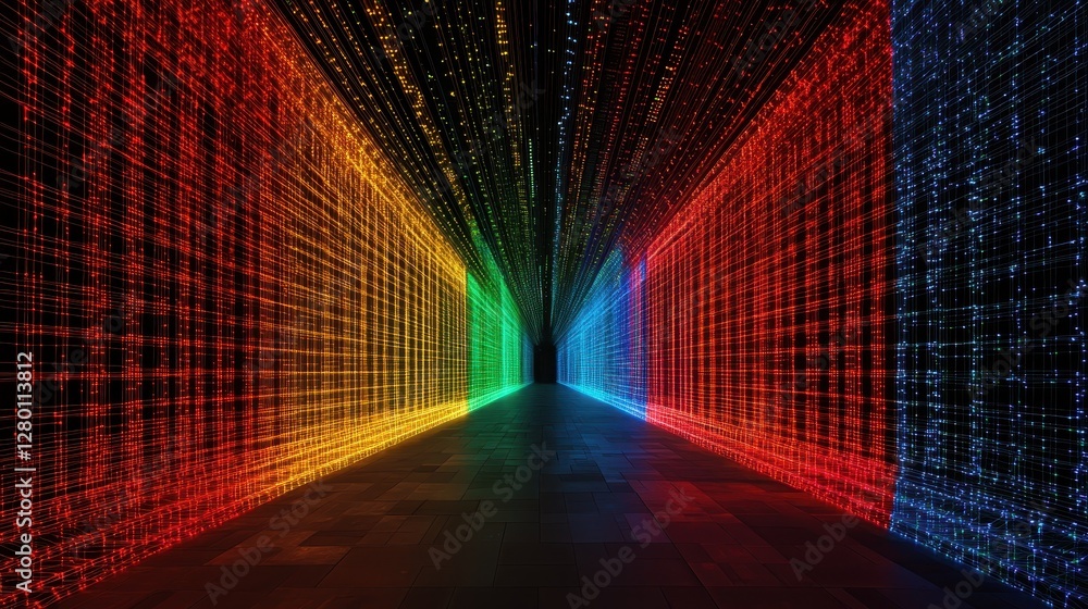 Aufkleber A vibrant, digital hallway illuminated by colorful streams of binary code, suggesting a futuristic or virtual environment.