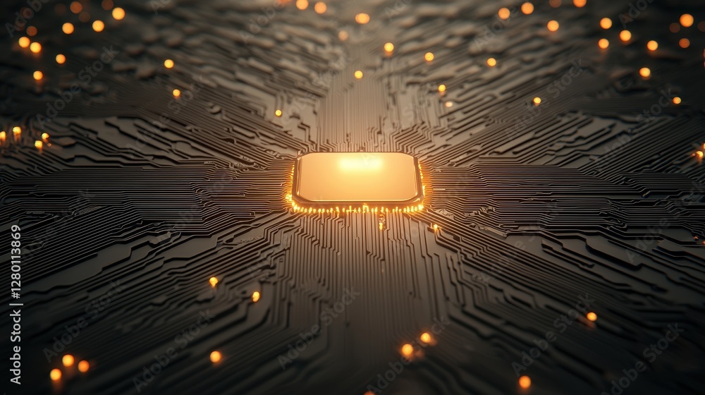 Poster A futuristic circuit board featuring a glowing central chip, surrounded by intricate pathways and illuminated dots, symbolizing advanced technology and connectivity.
