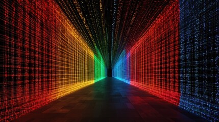 A vibrant, digital hallway illuminated by colorful streams of binary code, suggesting a futuristic or virtual environment.