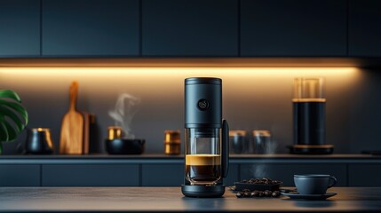 Fototapeta premium Modern espresso machine brewing coffee in stylish kitchen.
