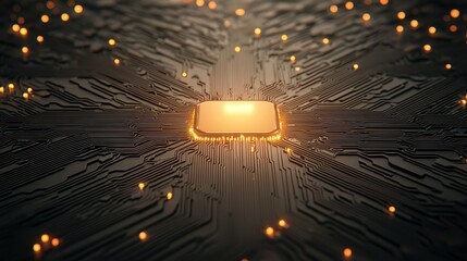 A futuristic circuit board featuring a glowing central chip, surrounded by intricate pathways and illuminated dots, symbolizing advanced technology and connectivity.