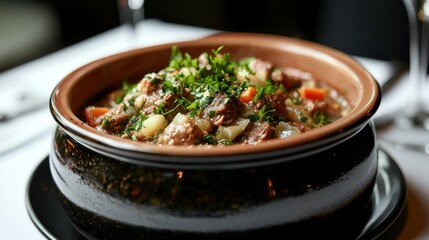 Hearty beef stew in a rustic bowl, garnished with fresh parsley.