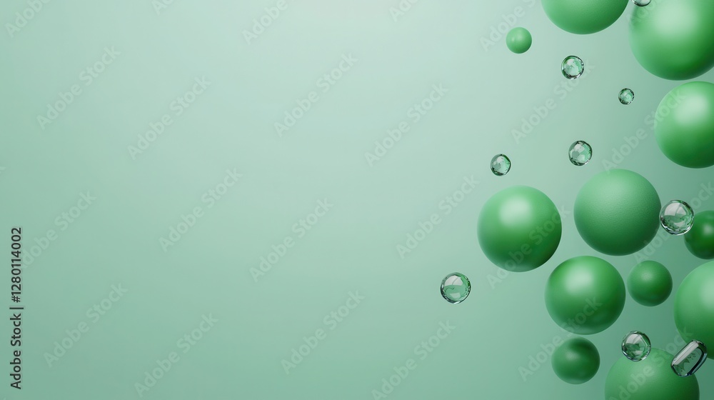 Poster A minimalist design featuring green spheres and bubbles on a soft green background, creating a serene and harmonious visual effect.