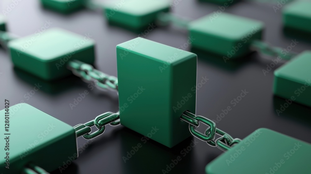 Poster A close-up of green blocks interconnected by chains, representing a blockchain technology concept.