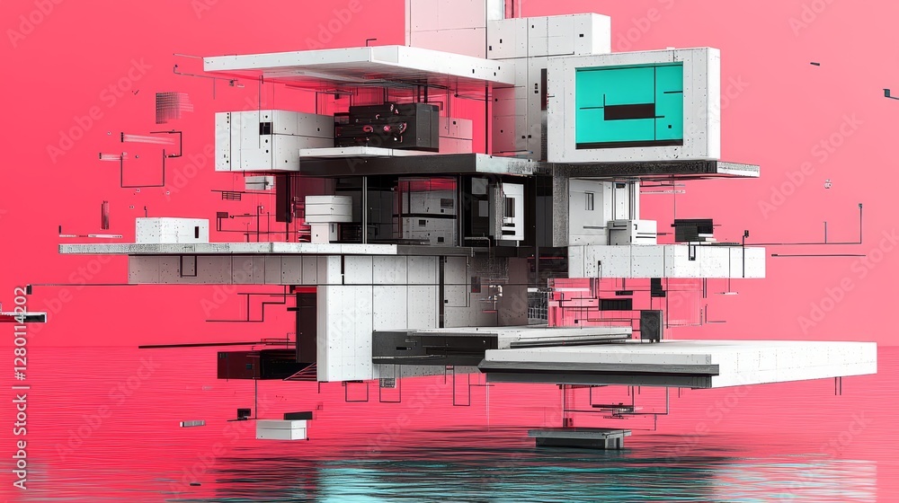 Poster abstract futuristic complex structure on pink backdrop innovative technology artificial intelligence