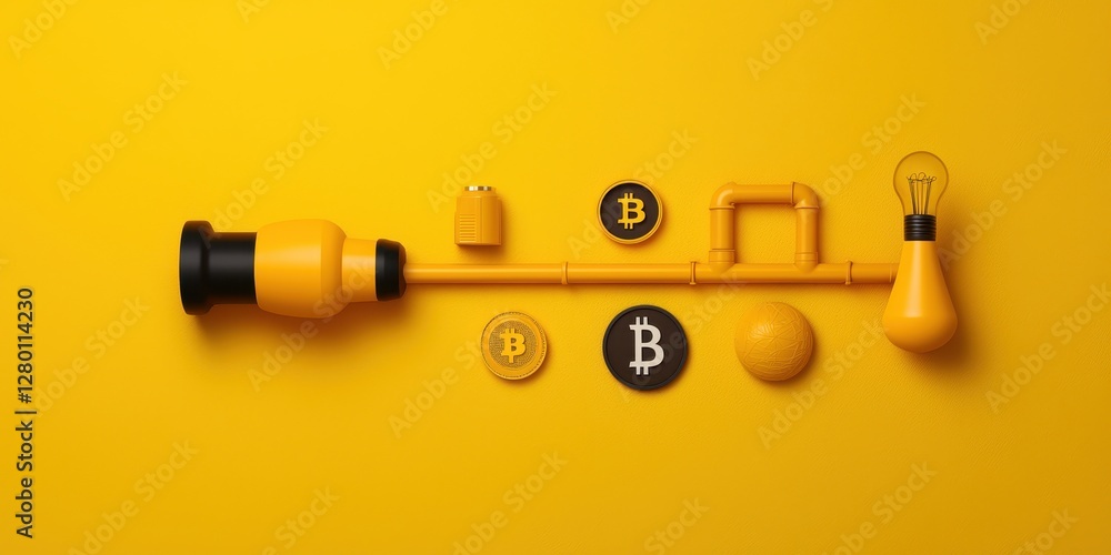 Poster A bright yellow composition featuring various objects related to cryptocurrency, including Bitcoin coins and playful elements like a light bulb and pipe.