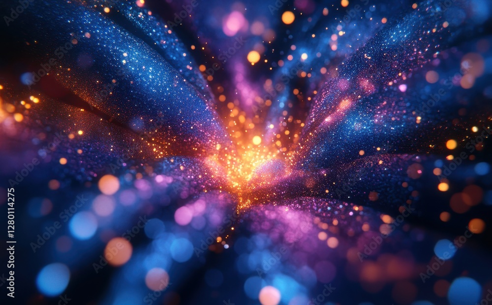 Poster abstract cosmic depiction with vibrant colors and glowing particles creating a mesmerizing view into